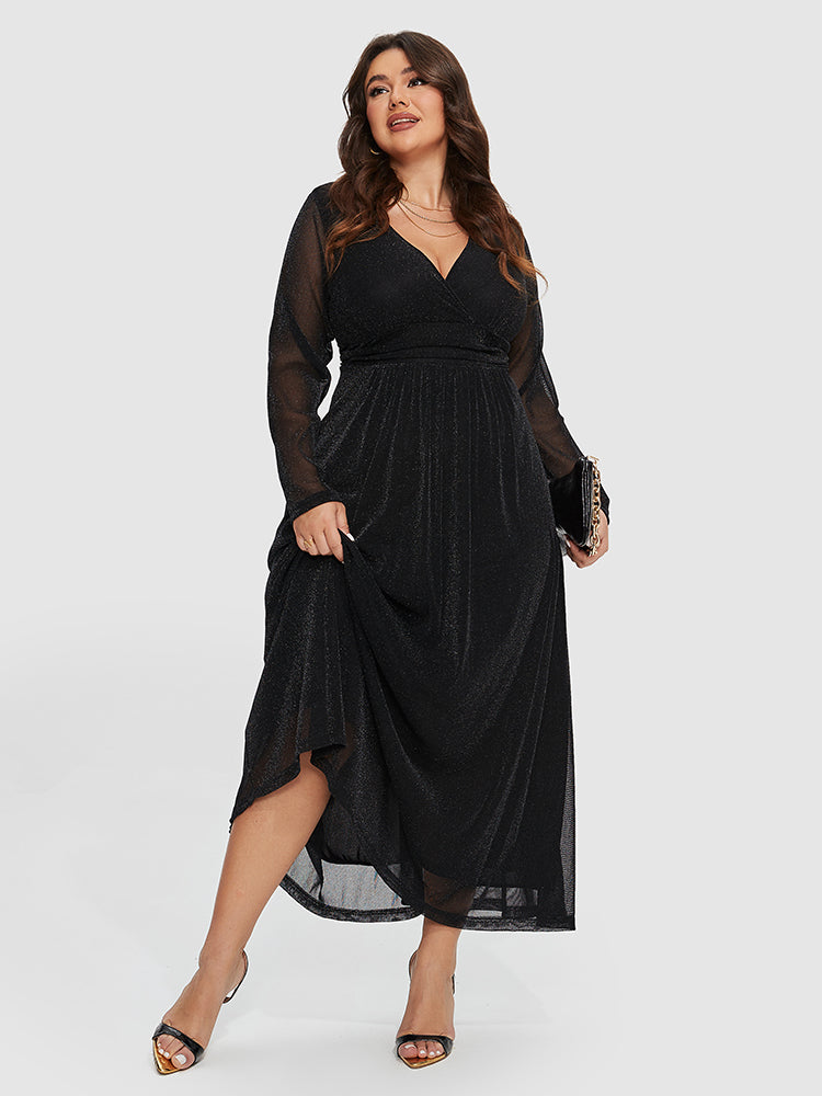 Kontrast Mesh-Ärmeln Elastischer Taillen Glitzerkleid