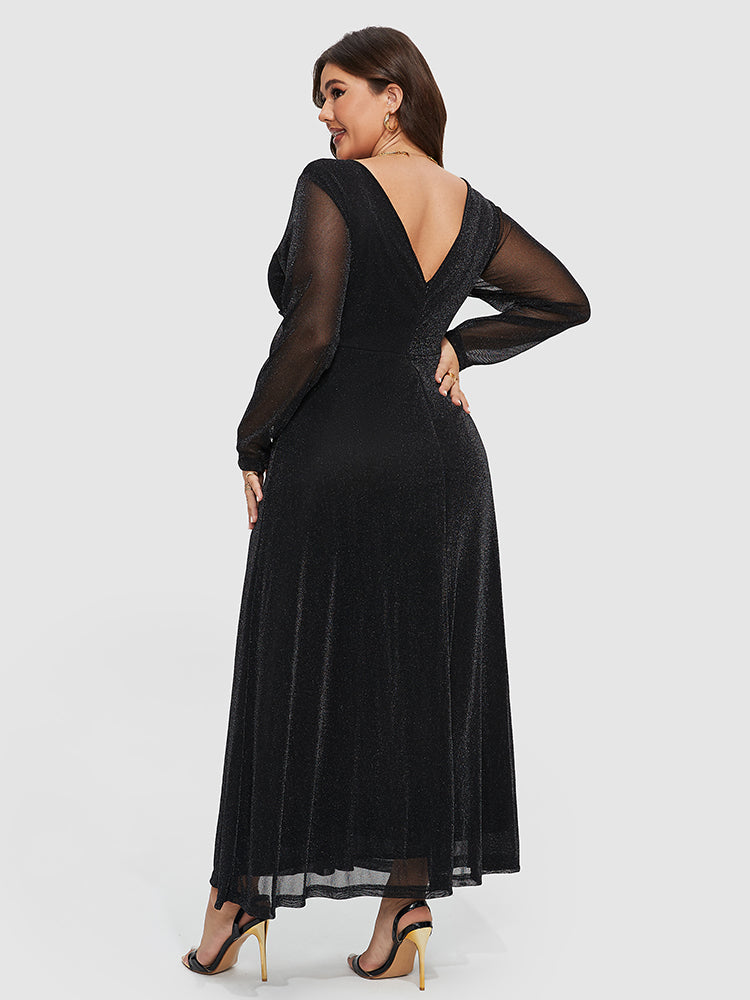 Kontrast Mesh-Ärmeln Elastischer Taillen Glitzerkleid