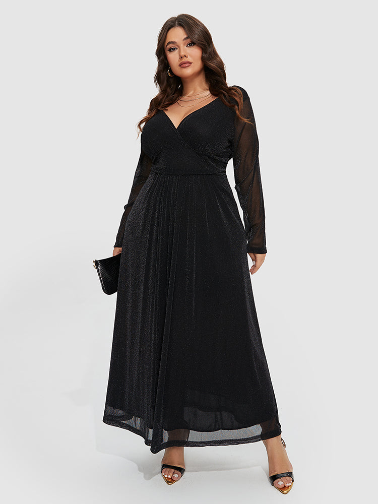 Kontrast Mesh-Ärmeln Elastischer Taillen Glitzerkleid