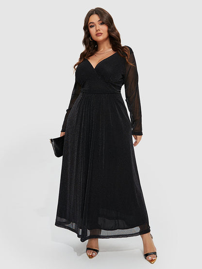 Kontrast Mesh-Ärmeln Elastischer Taillen Glitzerkleid