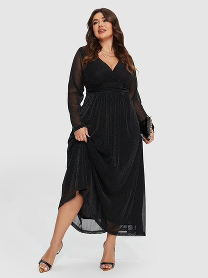 Kontrast Mesh-Ärmeln Elastischer Taillen Glitzerkleid