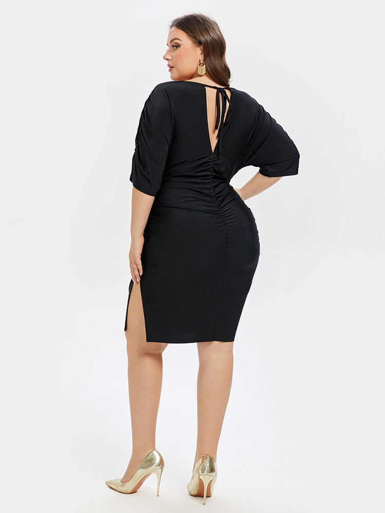 V-Ausschnitt Raffung Bindegürtel Bodycon Kleid