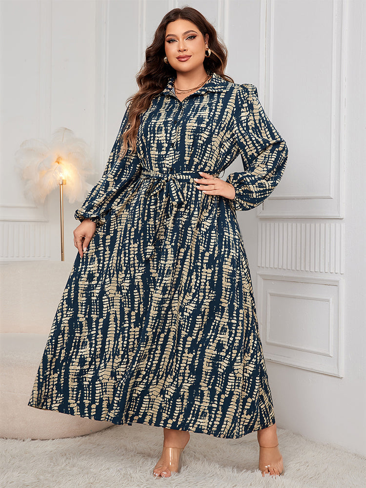 Batikmuster Leinenärmel Hemdkleid