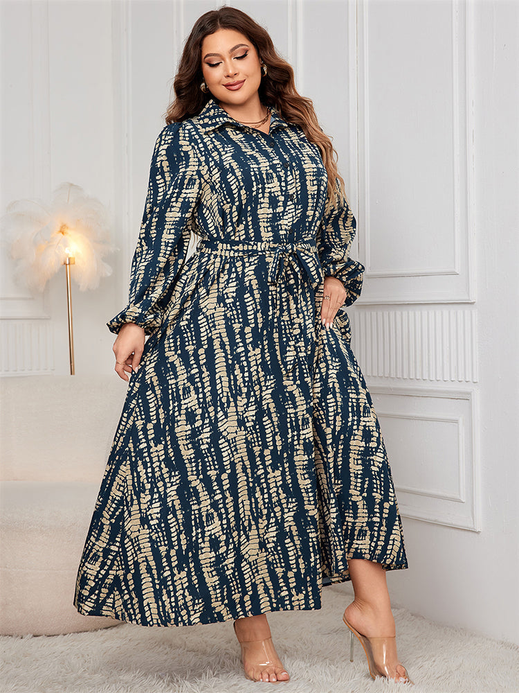 Batikmuster Leinenärmel Hemdkleid