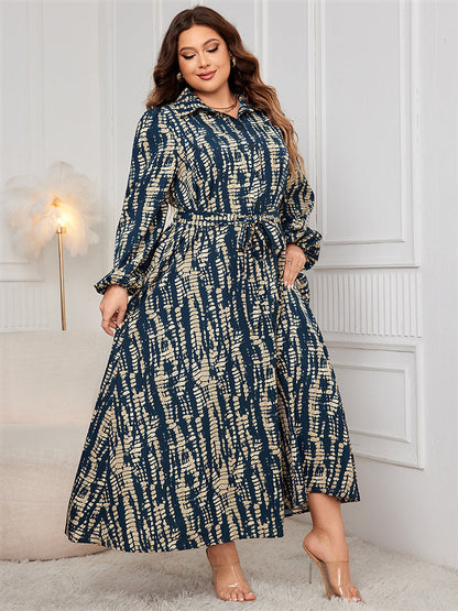 Batikmuster Leinenärmel Hemdkleid