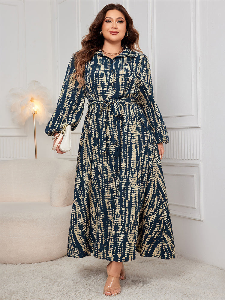 Batikmuster Leinenärmel Hemdkleid