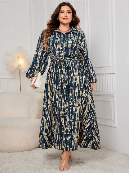 Batikmuster Leinenärmel Hemdkleid