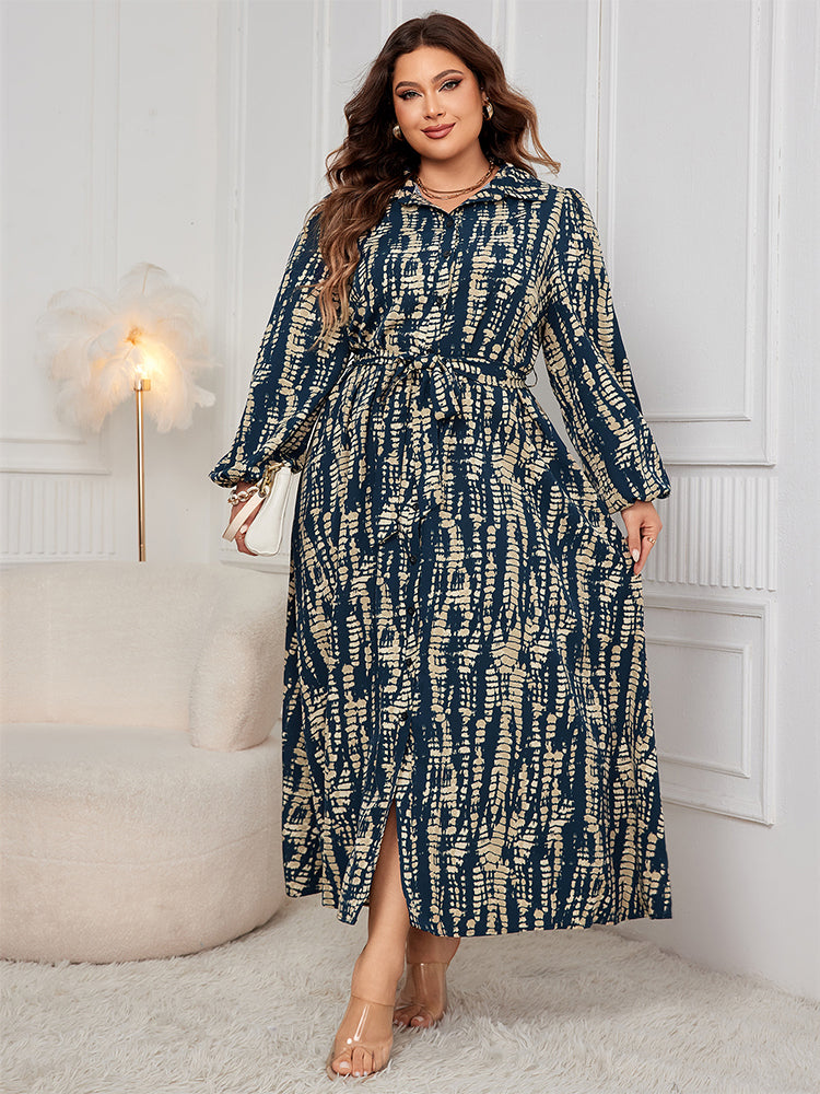 Batikmuster Leinenärmel Hemdkleid