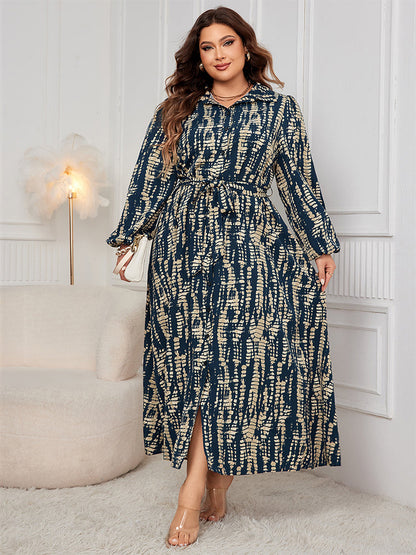 Batikmuster Leinenärmel Hemdkleid