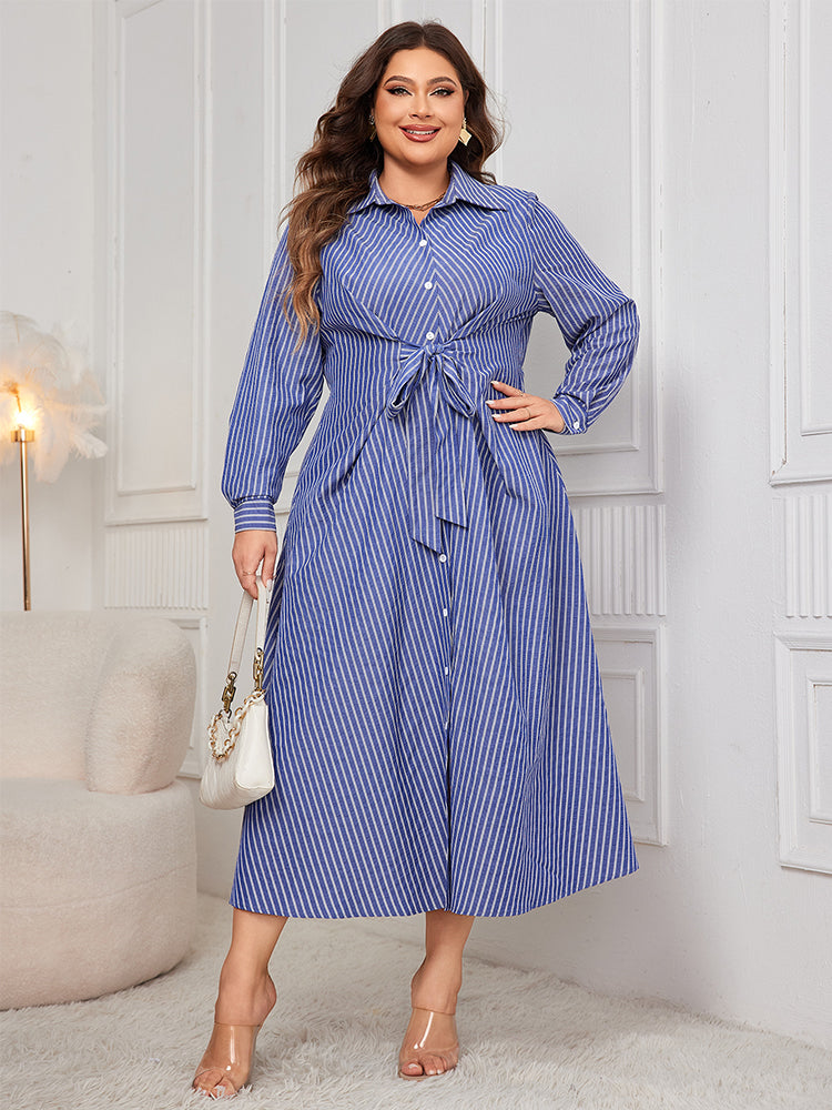 Gestreiftes Print Hemdkleid mit Knotenfront-Detail