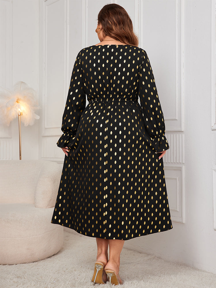 Kleid mit Laterneärmeln und Goldpunktemuster