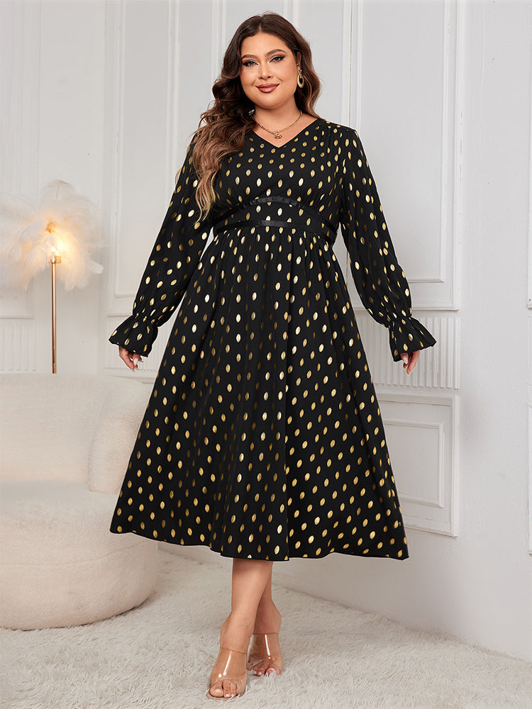 Kleid mit Laterneärmeln und Goldpunktemuster