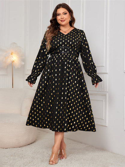 Kleid mit Laterneärmeln und Goldpunktemuster