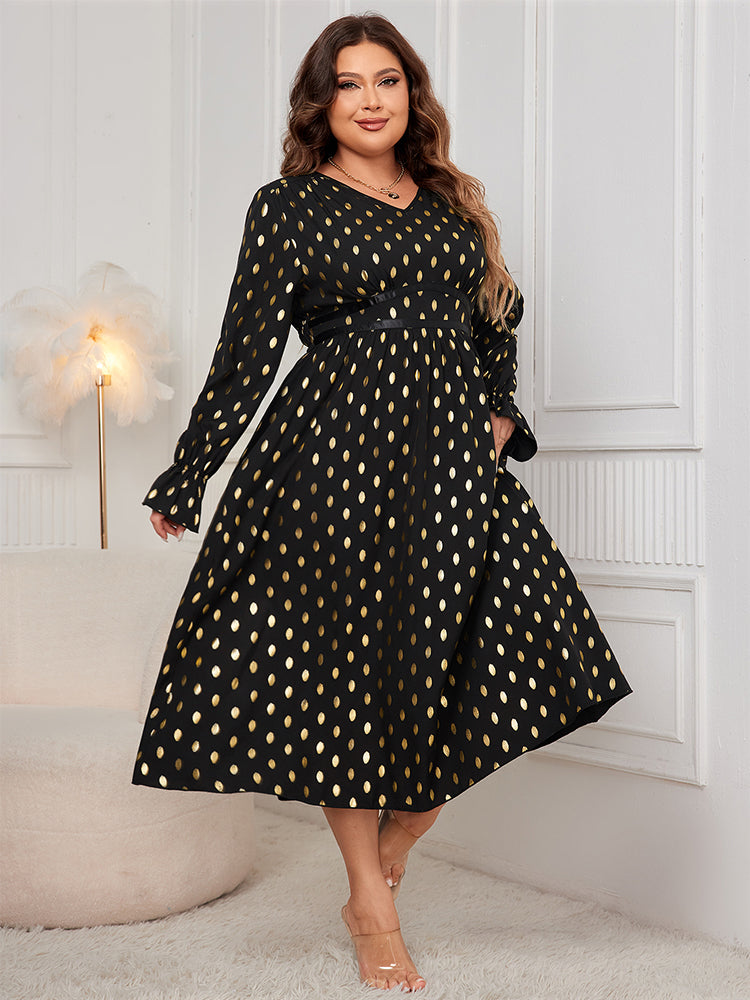Kleid mit Laterneärmeln und Goldpunktemuster