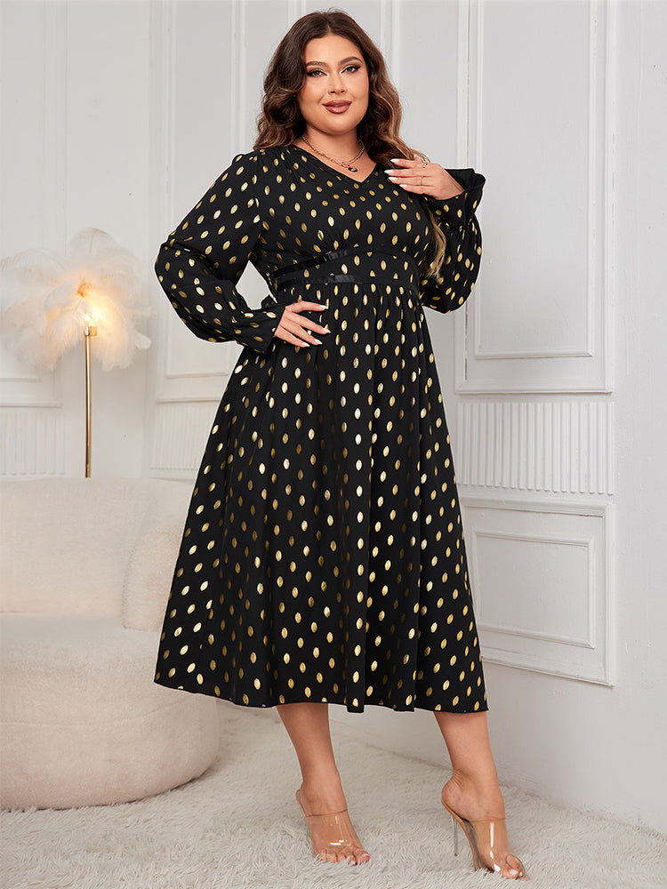 Kleid mit Laterneärmeln und Goldpunktemuster