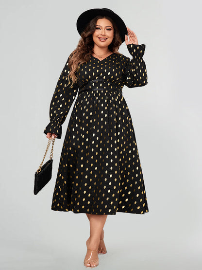 Kleid mit Laterneärmeln und Goldpunktemuster