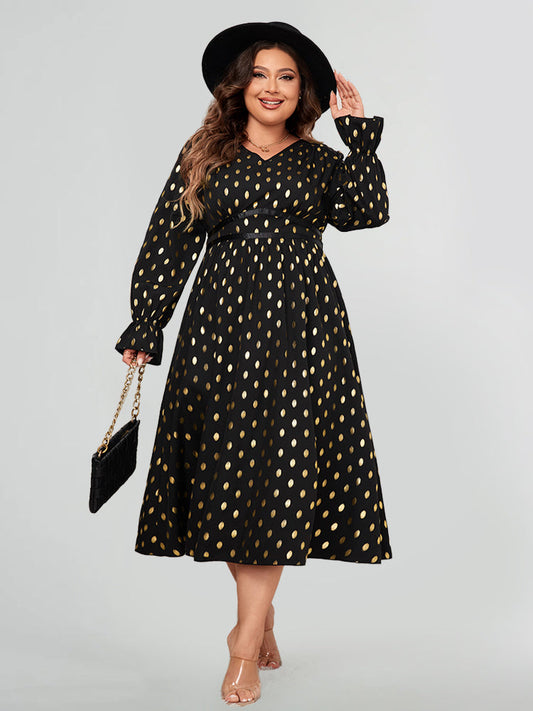 Kleid mit Laterneärmeln und Goldpunktemuster