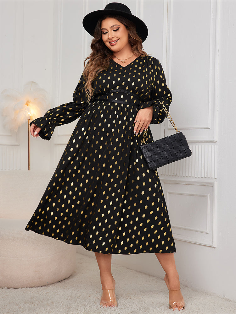 Kleid mit Laterneärmeln und Goldpunktemuster