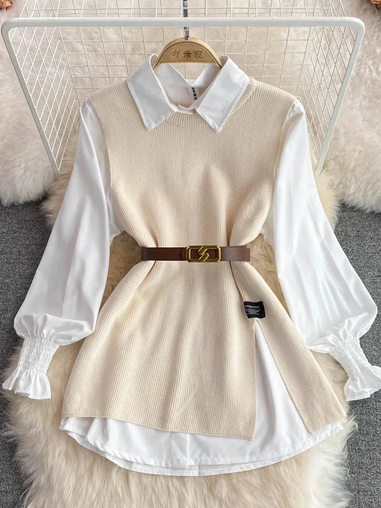 Korea | Tvådelad Stickad Set med Blus