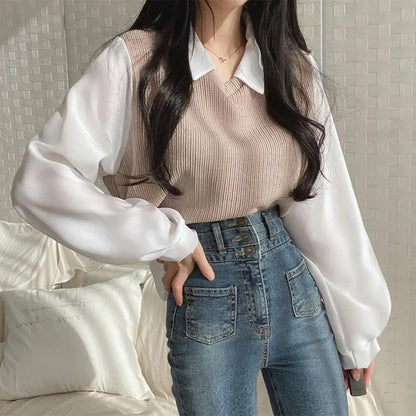 Korea | Tvådelad Stickad Set med Blus