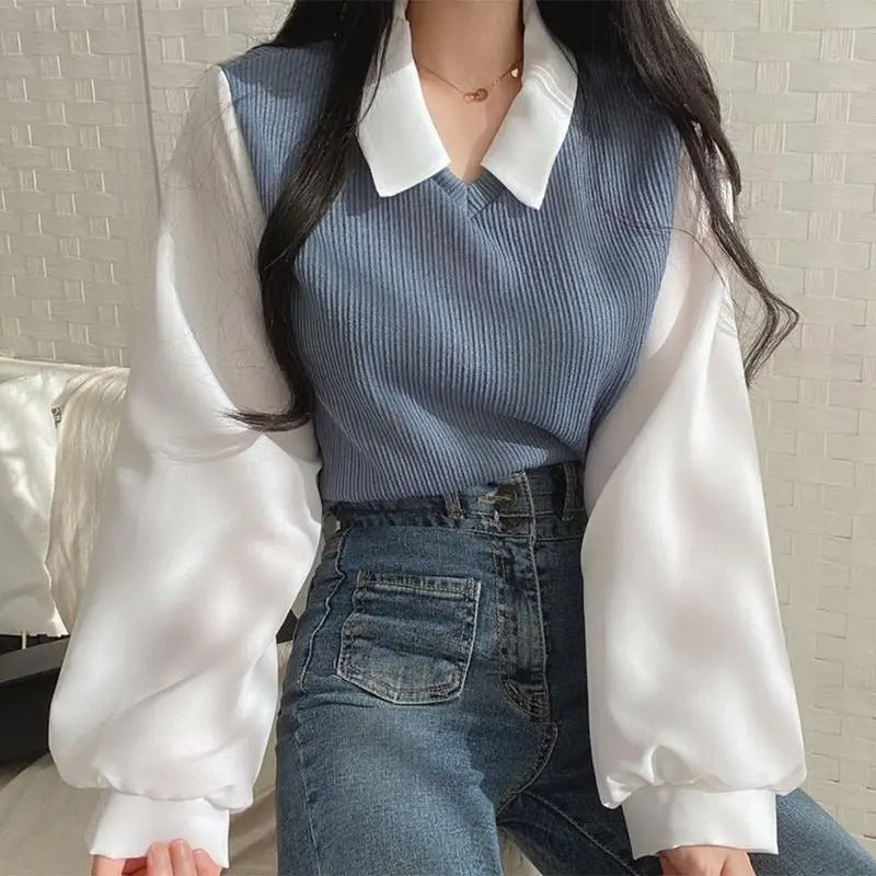 Korea | Tvådelad Stickad Set med Blus